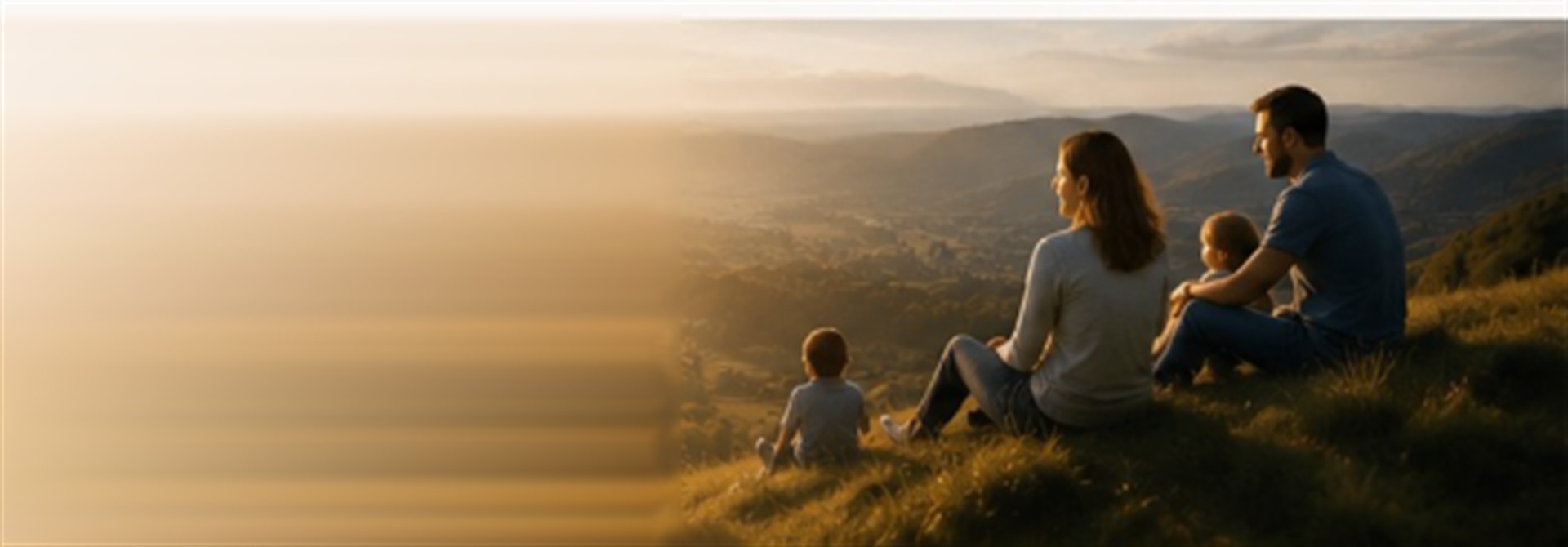 Family peacefully watching mountain sunset enjoying financial security